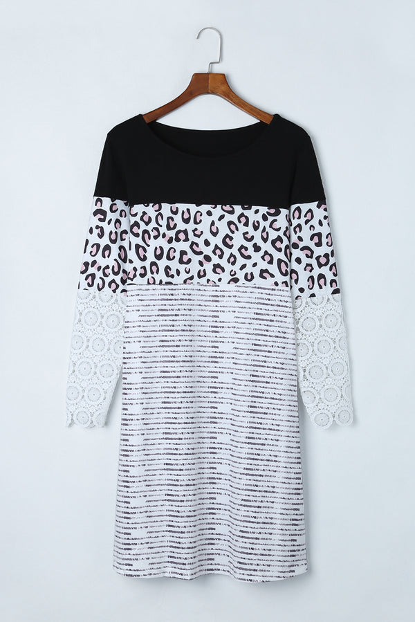 Leopard Color Block Spliced Lace Long Sleeve Dress