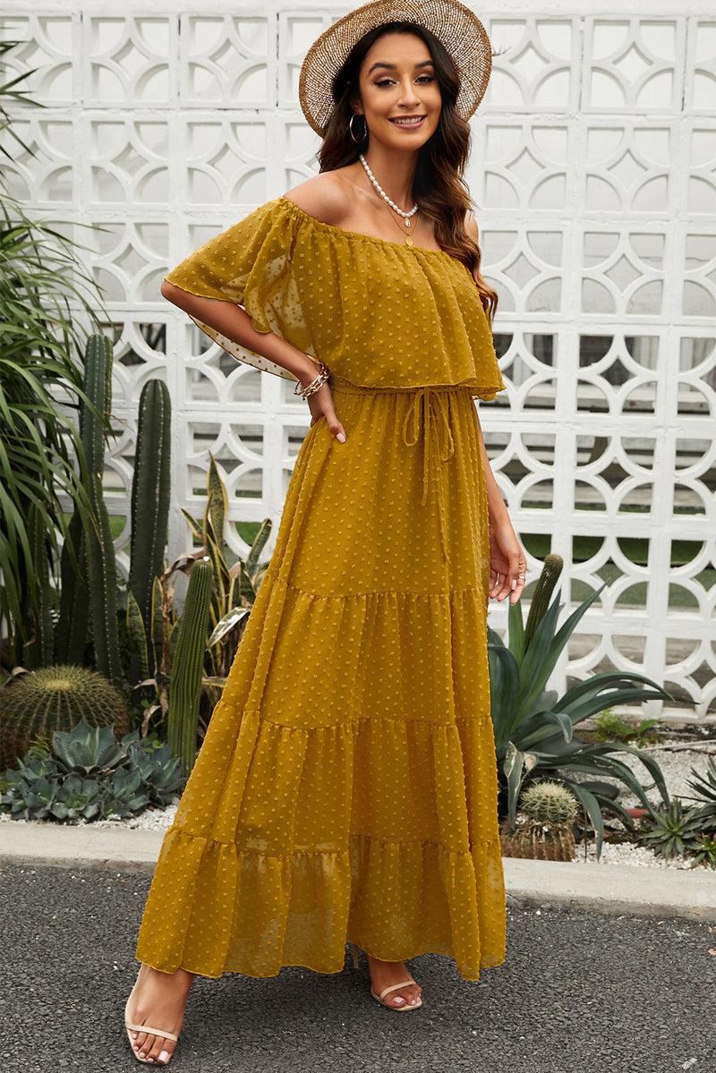 Swiss Dot Off-Shoulder Tiered Maxi Dress