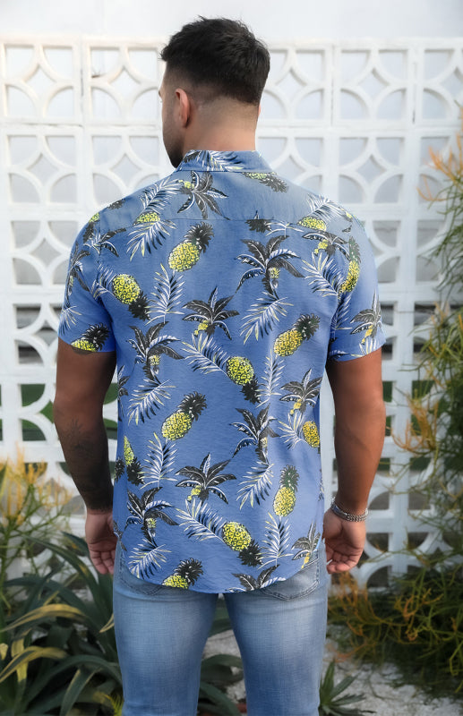 Sky Blue Men's Hawaiian Printed Turn-down Collar Button Short Sleeve Shirt