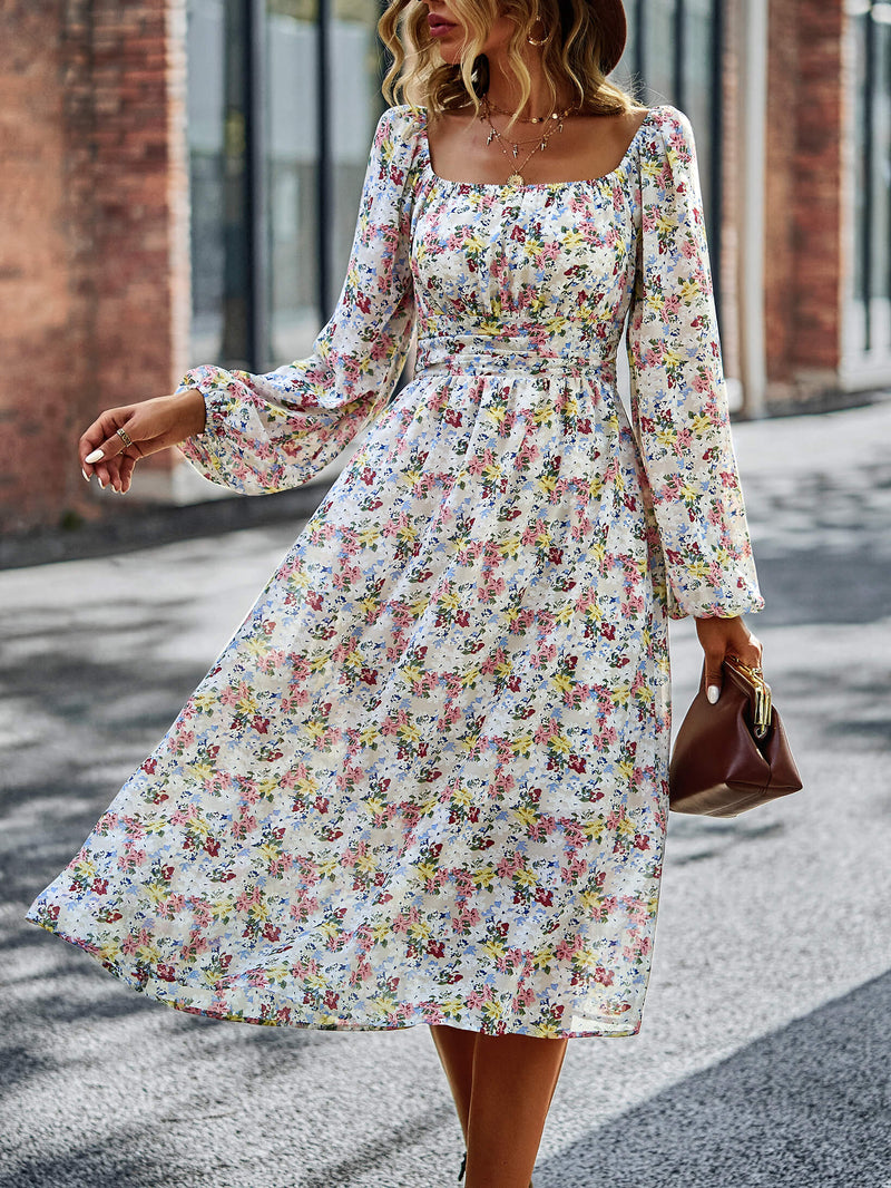 Floral Square Neck Smocked Balloon Sleeve Dress