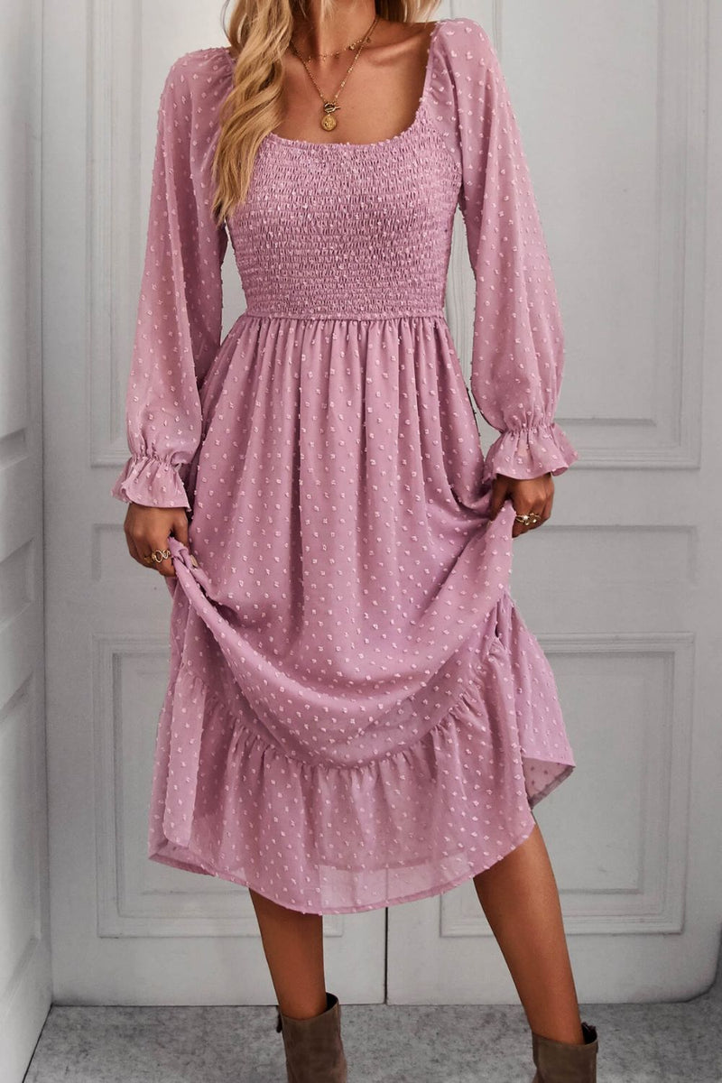 Swiss Dot Smocked Ruffle Hem Flounce Sleeve Dress