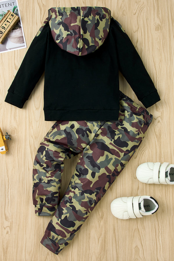 Boys Letter Print Camouflage Hoodie and Pants Set