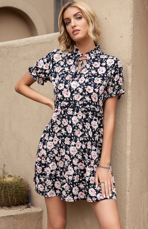Women's Summer Floral Print Lace Short Sleeve Dress