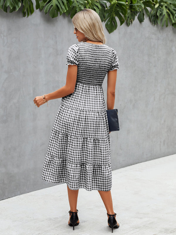 Women's fashion Plaid print pleated short sleeved dress