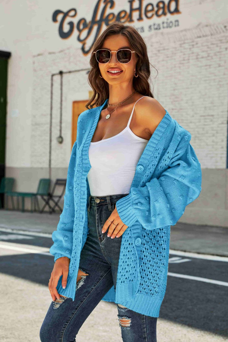 Pom-Pom Openwork Button Front Longline Cardigan