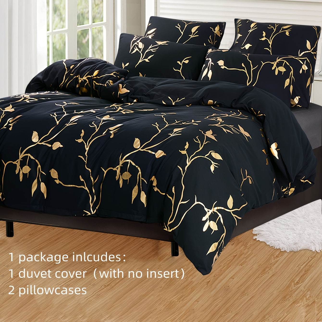 3pcs Black & Golden Bedding Set (1 Duvet Cover + 2 Pillow Case), Soft Quilt Cover For Bedroom