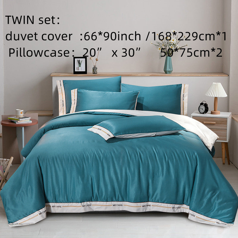 3pcs Embroidery Solid Color Duvet Cover Set (1 Duvet Cover + 2 Pillowcase), Microfiber Bedding Set