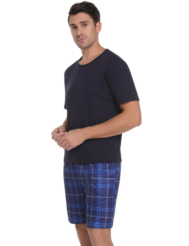Men's Round Neck Solid Shirt With Plaid Pants