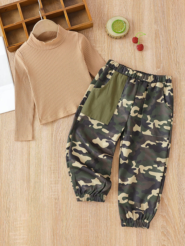Girls Mock Neck Sweater and Camouflage Pants Set