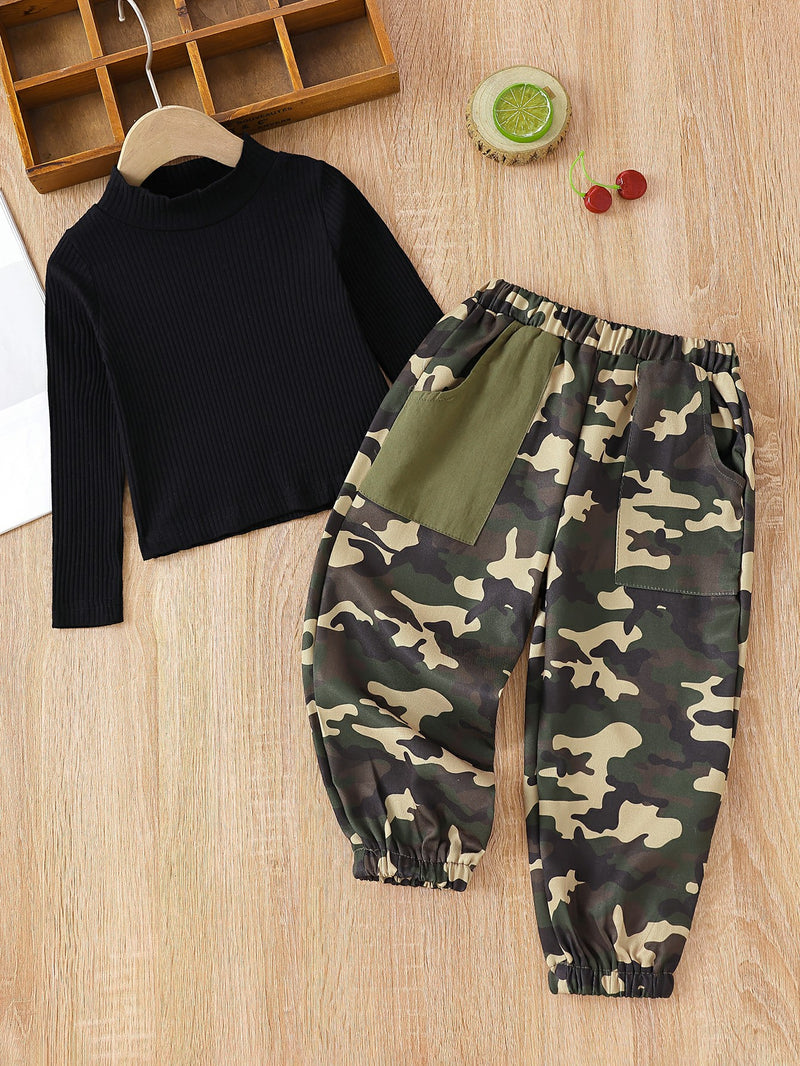 Girls Mock Neck Sweater and Camouflage Pants Set
