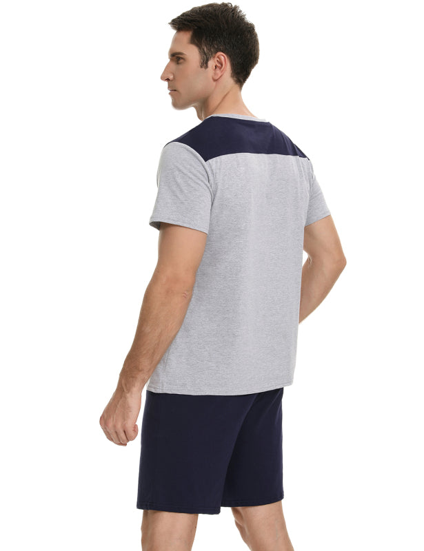 Men's Color Block Henley Collar Short Sleeve Top & Shorts Set, Pajama Loungewear