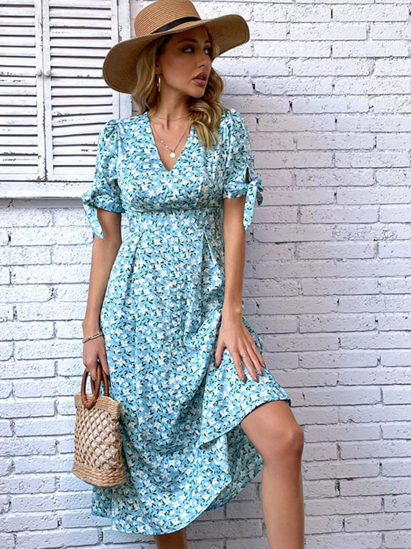Floral Tied Puff Sleeve V-Neck Dress