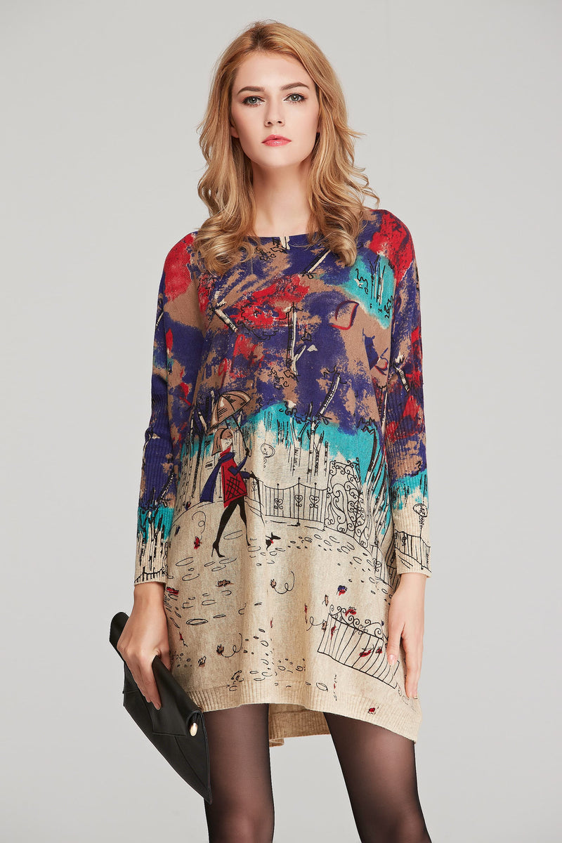 Printed Round Neck Longline Knit Top