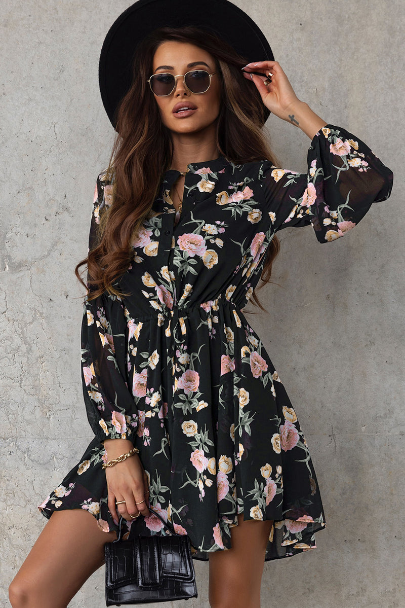 Floral Buttoned Puff Sleeve Tiered Dress