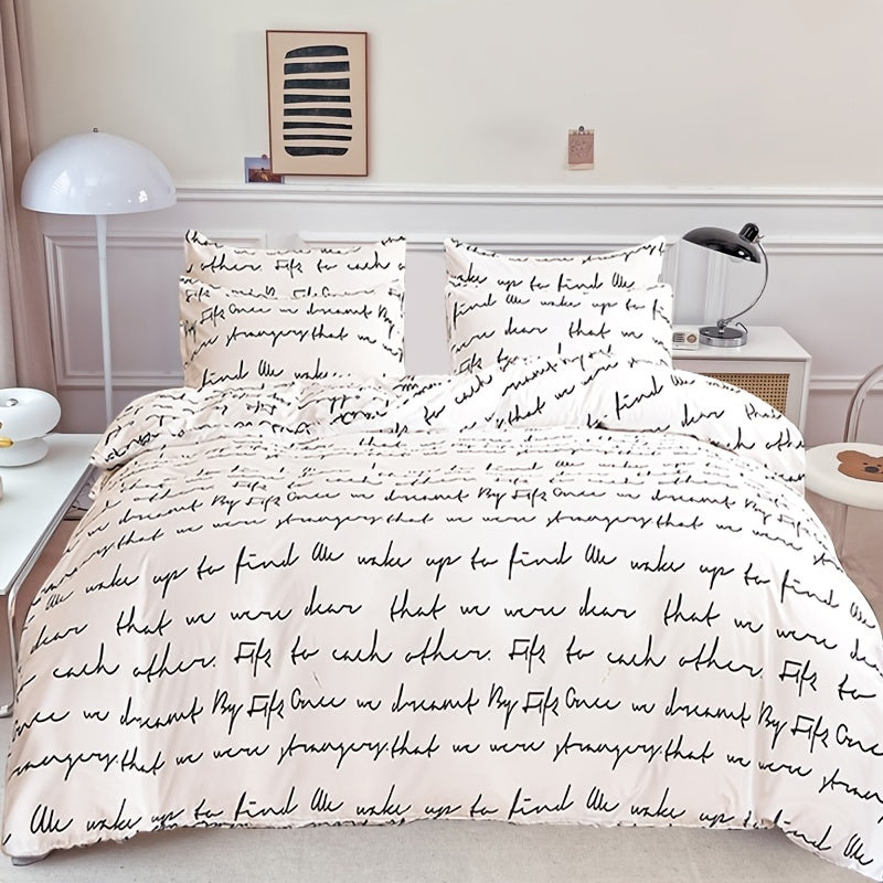 3pcs Love Letter Print Duvet Cover Set (1 Duvet Cover + 2 Pillowcase), Microfiber Bedding For All Season