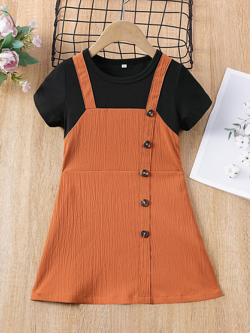 Girls Decorative Button Two-Tone Faux-Two Overall Dress