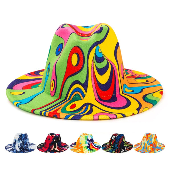 Cloche Hat,1pc Fashion Personality Jazz Hat Men's Colorful Rendering Pattern Top Hat Wide-Brimmed Cloche Hat