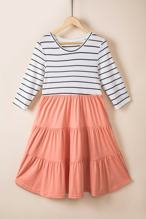 Striped Two-Tone Round Neck Tiered Dress