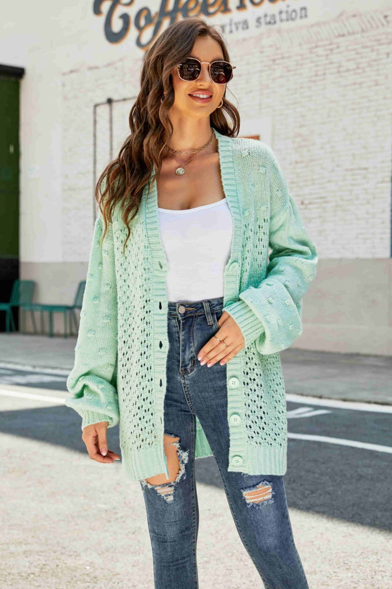 Pom-Pom Openwork Button Front Longline Cardigan