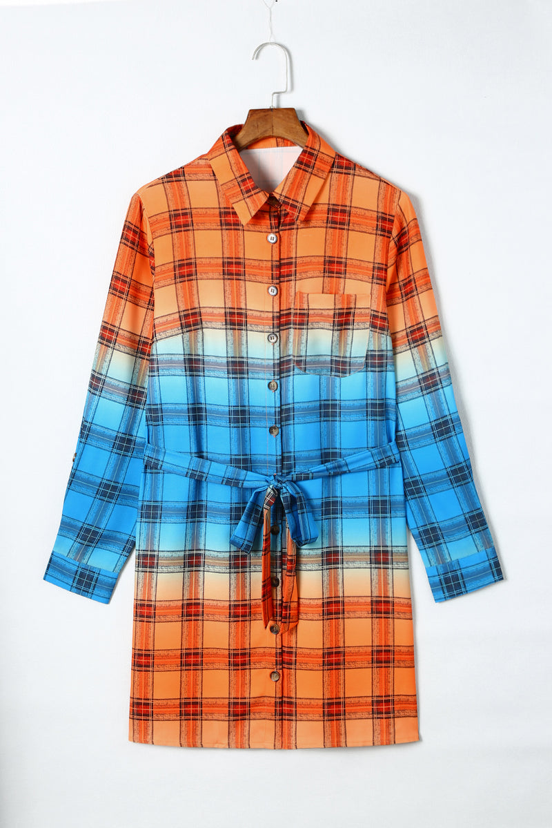 Plaid Color Block Belted Button-Up Shirt Dress