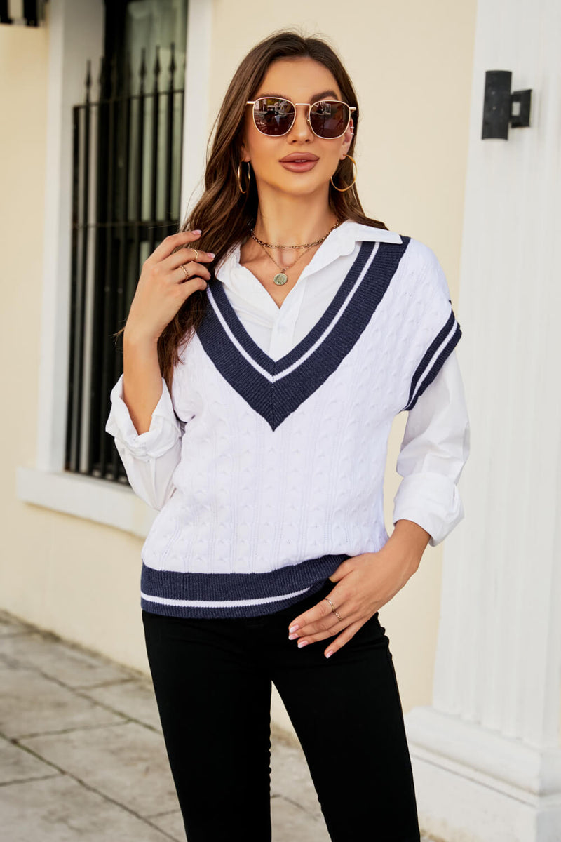 Contrast V-Neck Cap Sleeve Sweater Vest