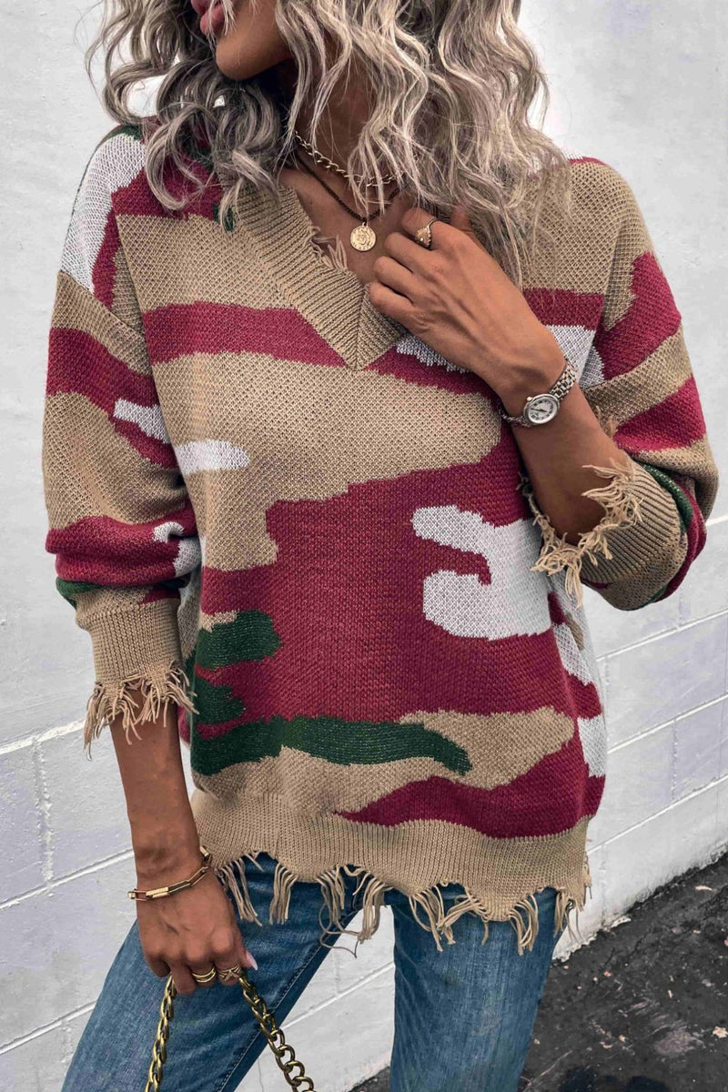 Multicolored V-Neck Distressed Drop Shoulder Sweater