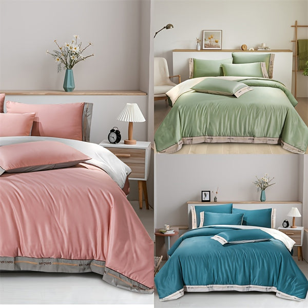 3pcs Embroidery Solid Color Duvet Cover Set (1 Duvet Cover + 2 Pillowcase), Microfiber Bedding Set