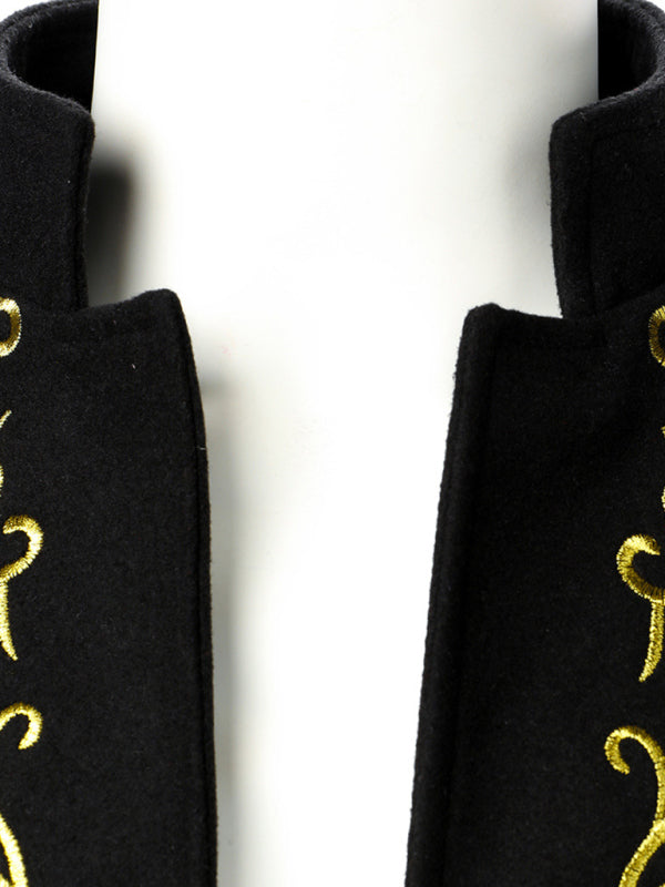 Men's Stand Collar Embroidery Pea Coat Tweed Coat