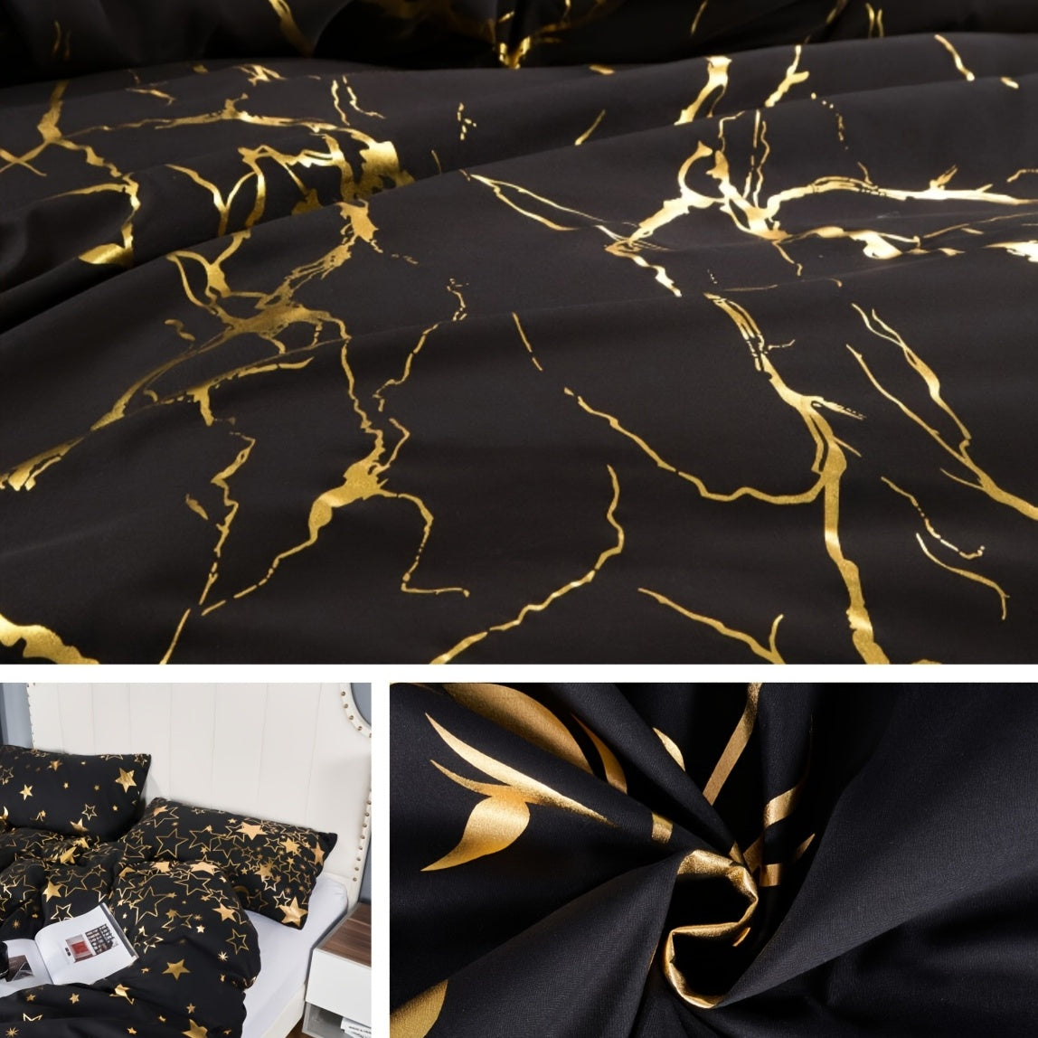 3pcs Black & Golden Bedding Set (1 Duvet Cover + 2 Pillow Case), Soft Quilt Cover For Bedroom