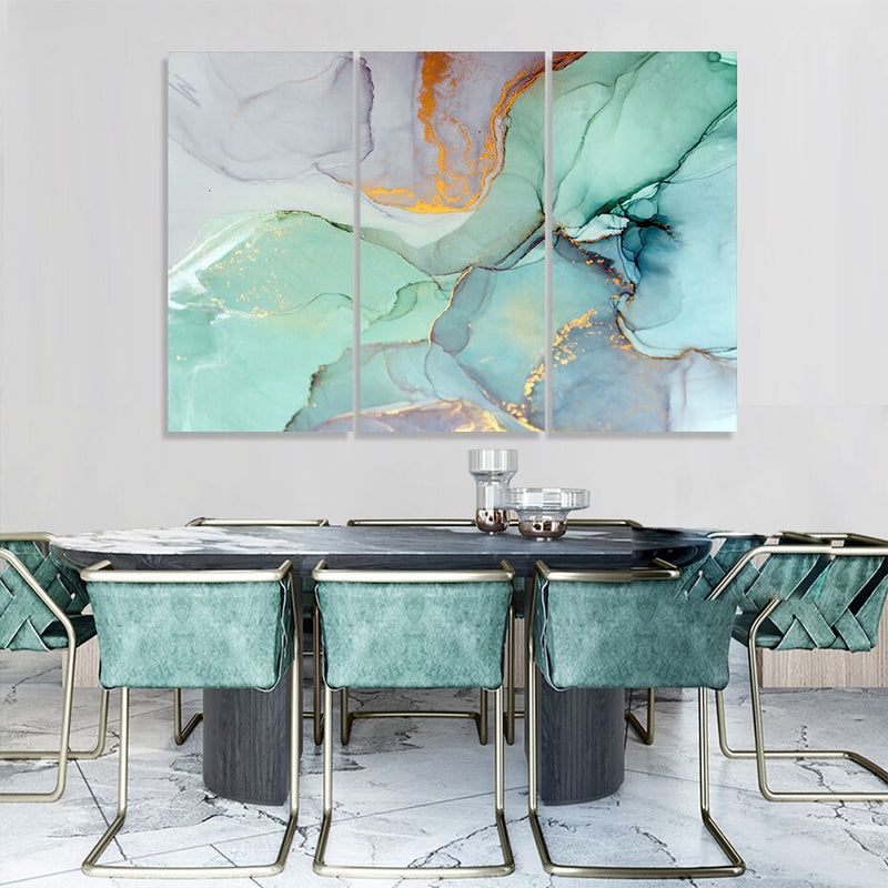 3 Panels Abstract Teal Marble Artwork Canvas Paintings