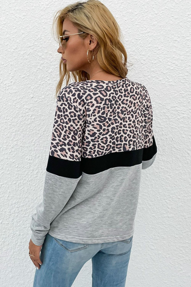 Leopard Color Block V-Neck Long Sleeve Top