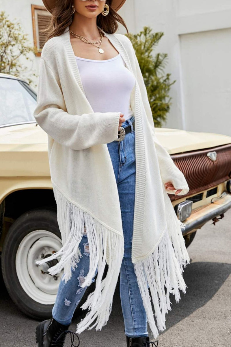 Fringe Hem Open Front Ribbed Trim Cardigan