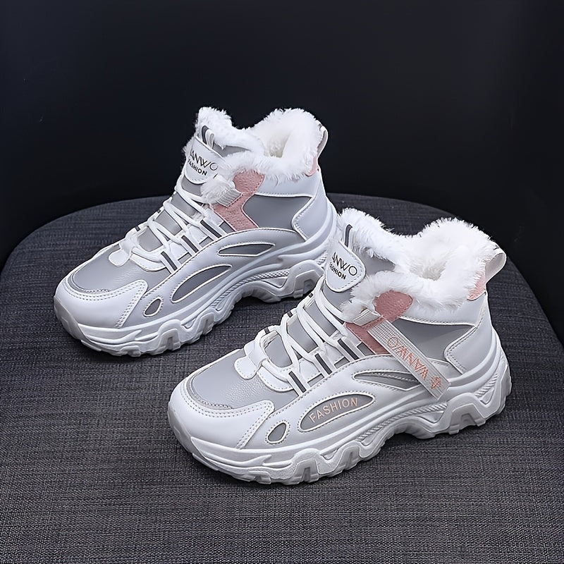 Women's Casual Sneakers, Color-block Thick Sole Chunky Sneakers, Warm Plush Lined Anti-slip Running Shoes