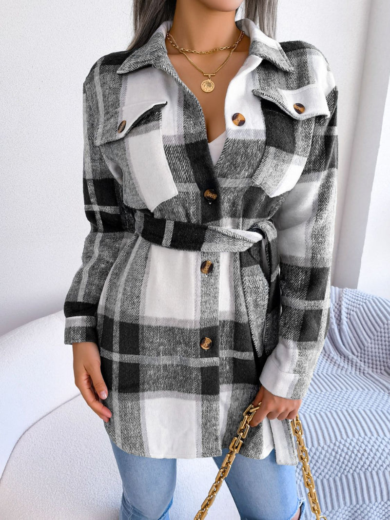 Plaid Belted Button Down Shirt Jacket