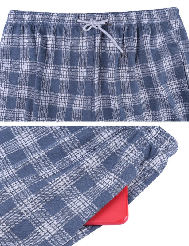 Men's Short Sleeve Shorts Pure Color Plaid Shorts Pajama Set