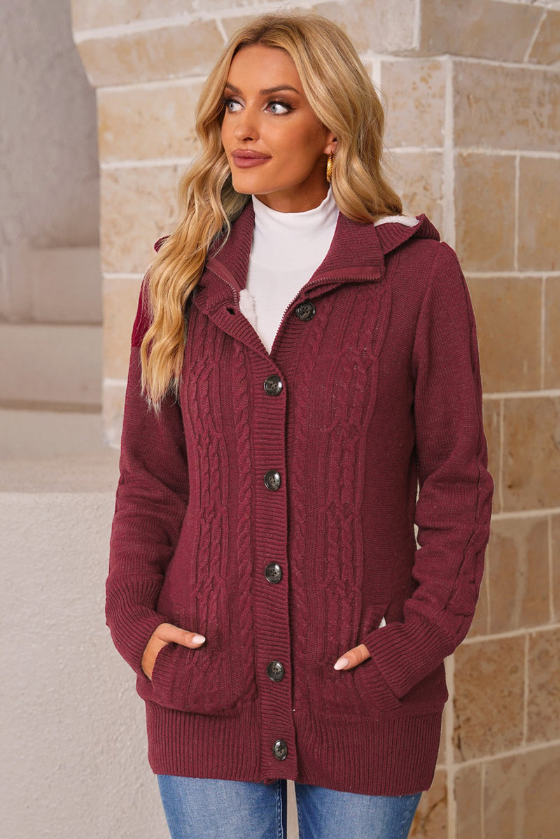 Cable-Knit Fleece Lining Button-Up Hooded Cardigan