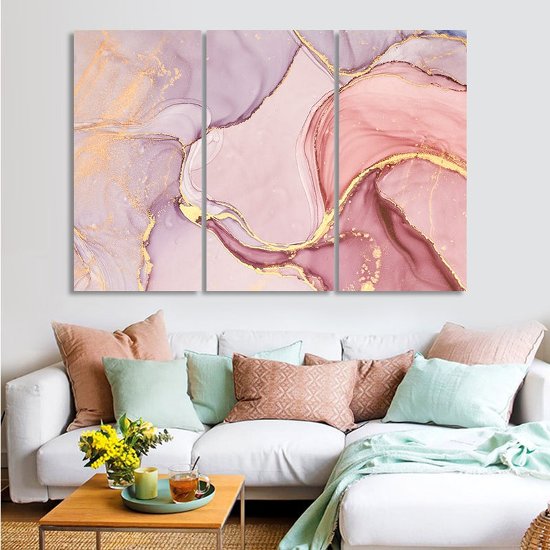 Modern Abstract Pink Marble 3 Canvas Paintings