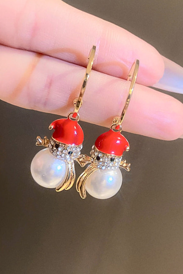 Christmas Rhinestone Pearl Snowman Drop Earrings