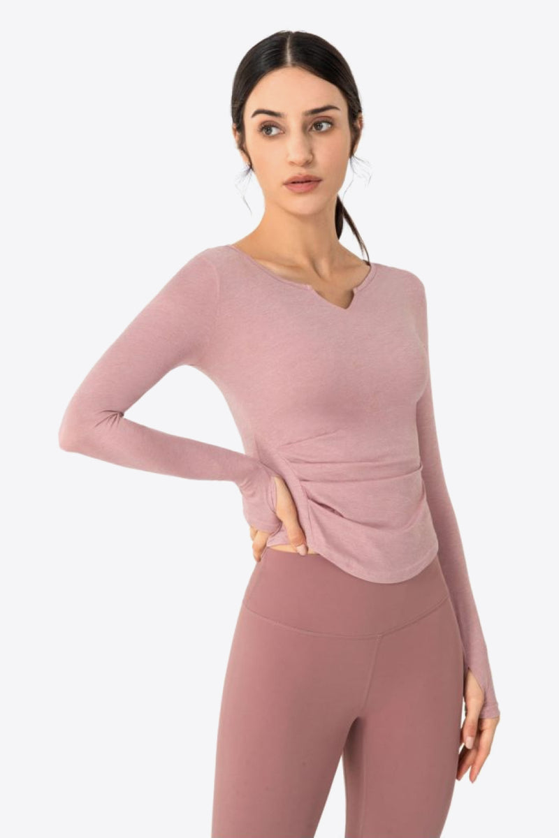 Thumbhole Long Sleeve Pleated Detail Notched Sports Top