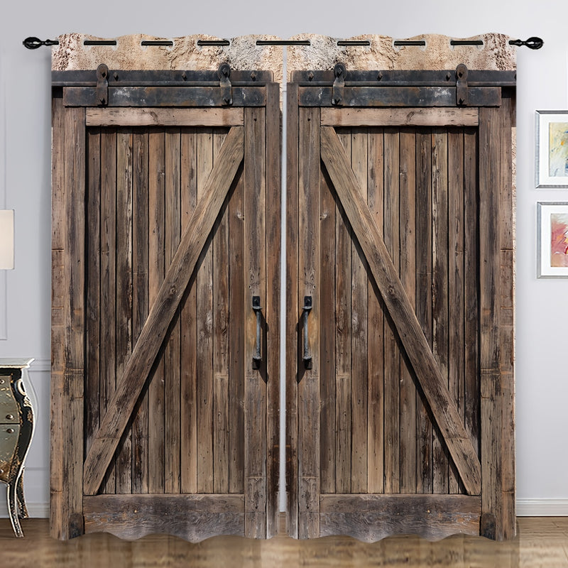 2pcs Rustic Curtain, Wooden Door Pattern Curtain For Bathroom, Living Room, Bedroom, Window Curtains, Home Decoration