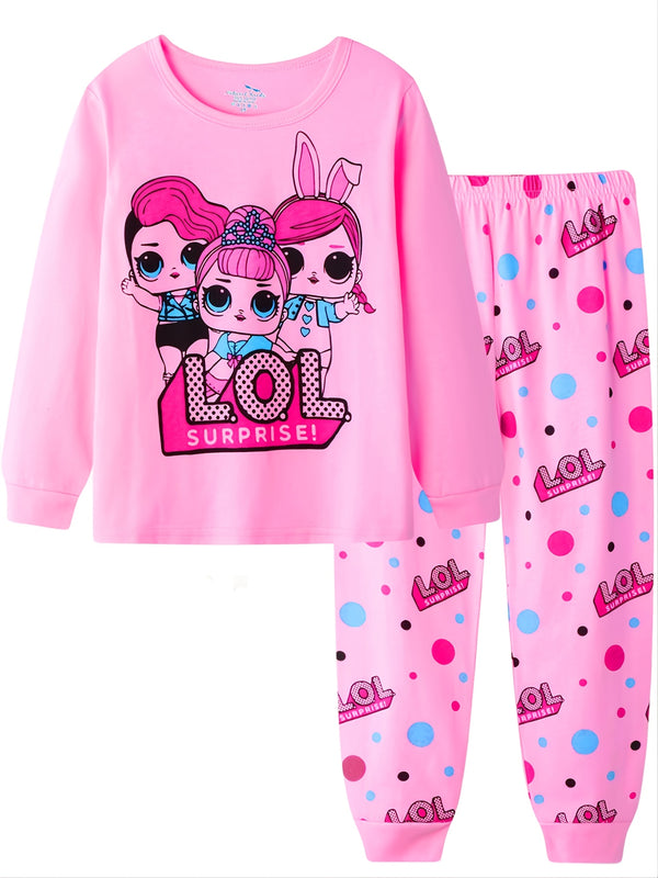 Girls Pajamas Cartoon Pattern Round Neck Long Sleeve Pants Set