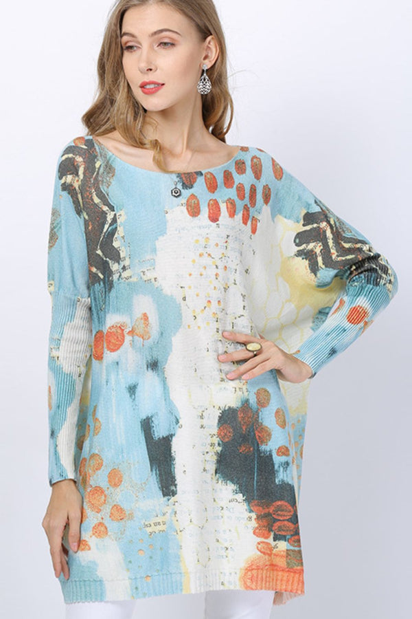 Printed Boat Neck Longline Knitted Top