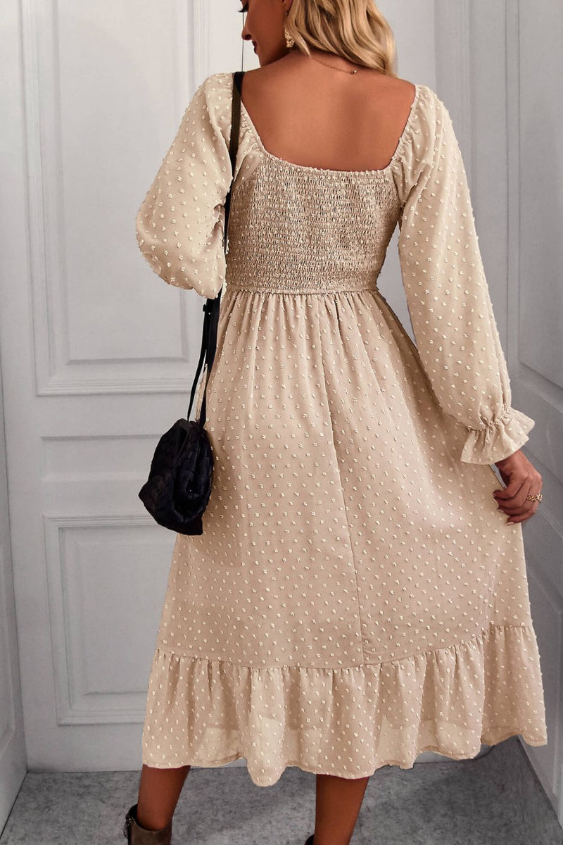 Swiss Dot Smocked Ruffle Hem Flounce Sleeve Dress