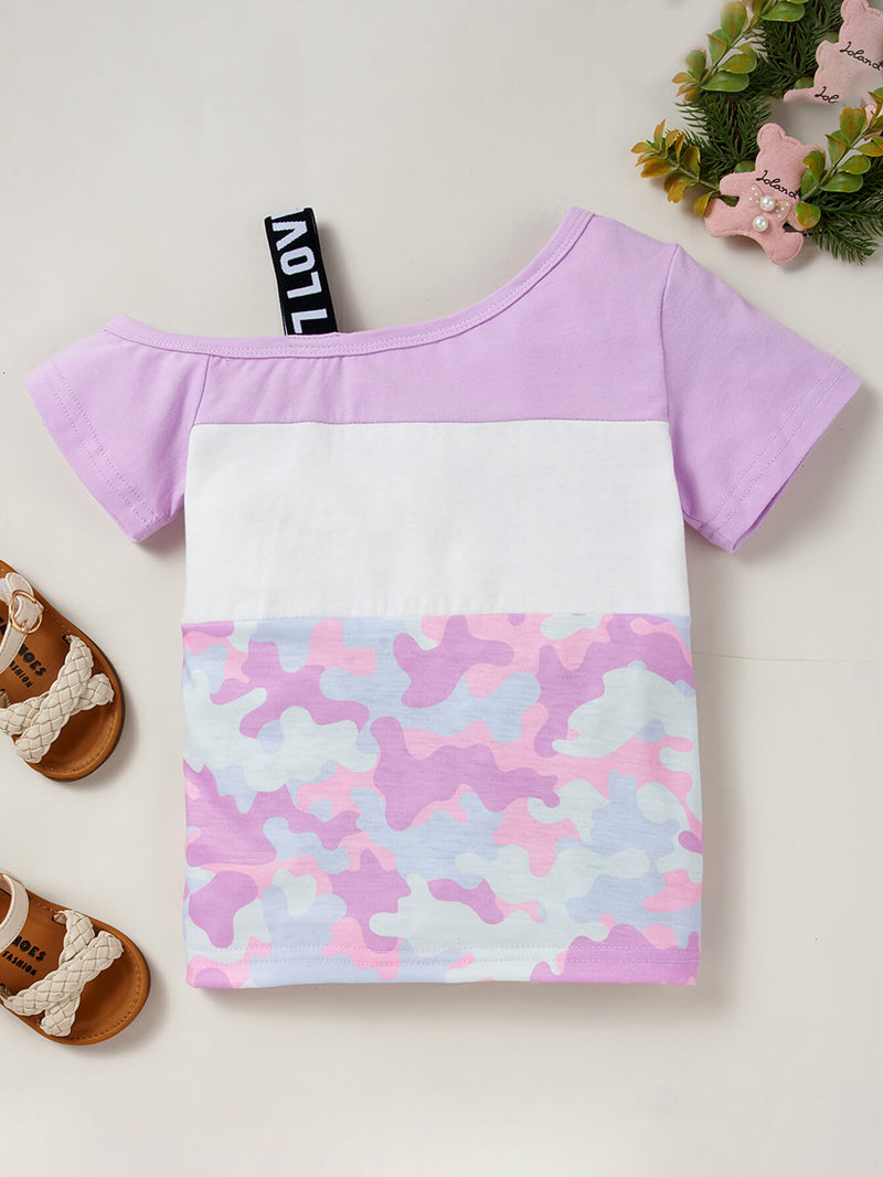 Girls Color Block Printed Cold-Shoulder Tee and Joggers Set