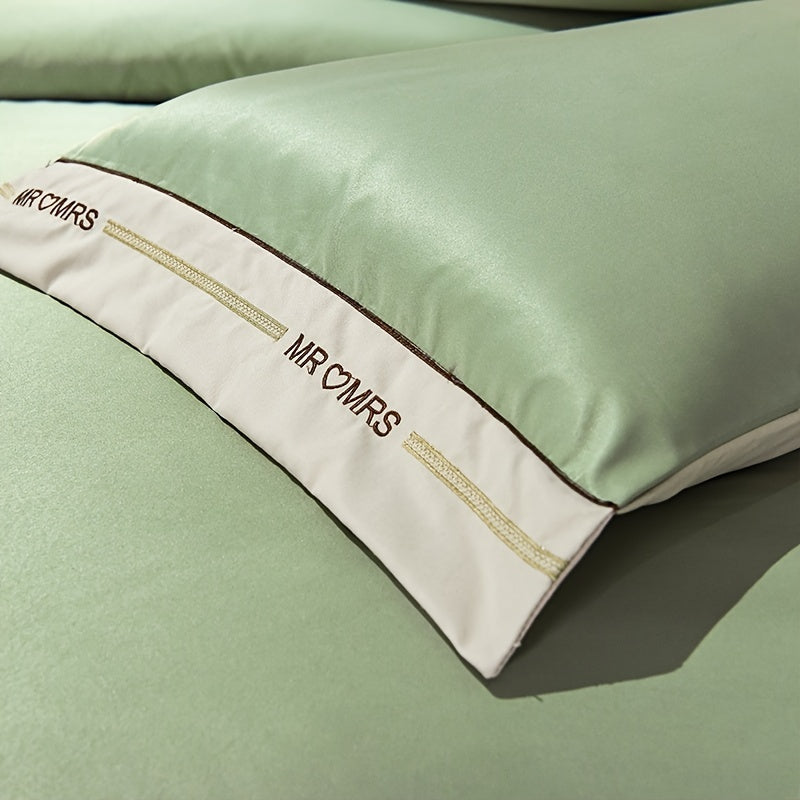 3pcs Embroidery Solid Color Duvet Cover Set (1 Duvet Cover + 2 Pillowcase), Microfiber Bedding Set