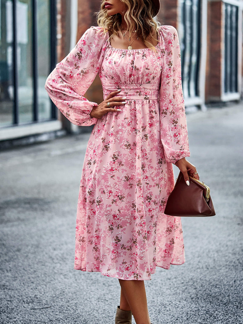 Floral Square Neck Smocked Balloon Sleeve Dress