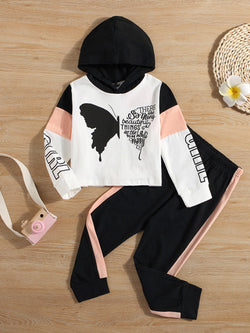Girls Color Block Butterfly Graphic Hoodie and Side Stripe Pants Set