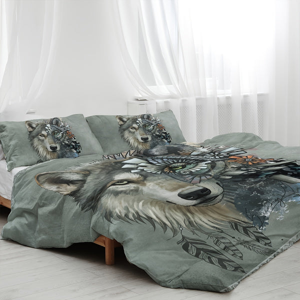 Moonpalace 3pcs Wolves Couple Bedding Set, 3D Print White Wolf Duvet Cover, Tribal Animal Galaxy Bed Set, Heart Dreamcatcher Bedspread (Including 1 Duvet Cove + 2 Pillow Shams)