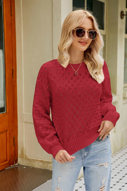 Ribbed Trim Openwork Crewneck Sweater