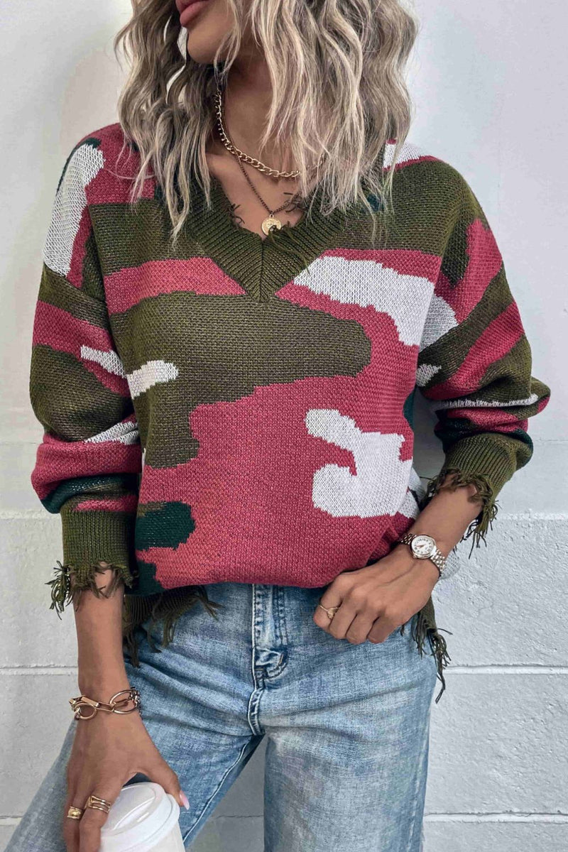 Multicolored V-Neck Distressed Drop Shoulder Sweater